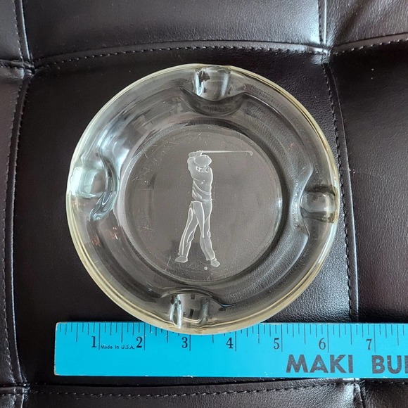 Thick Round Etched Golfer Glass Ashtray Vintage Cigar Cigarette Swinging Club - Picture 6 of 8